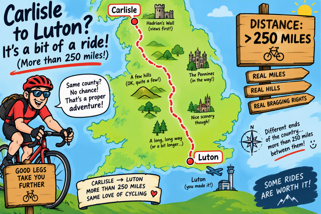 Illustrated cycling map showing a long route from Carlisle to Luton, highlighting that the distance is more than 250 miles.