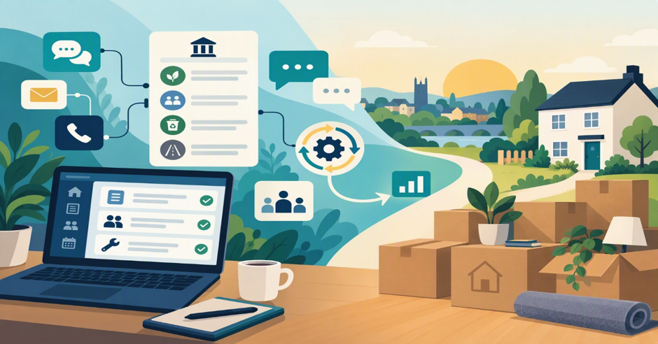 AI created image showing aspects from the blog post, such as moving boxes and icons related to work