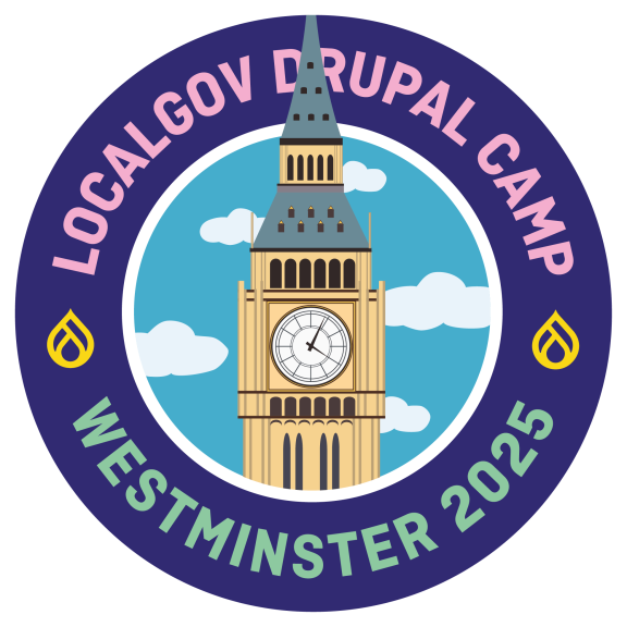 Circular logo for LocalGov Drupal Camp, West,inster 2025. Includes and image of Big Ben, a symbol of the London location.