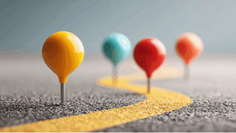 A row of colourful pins placed along a road representing strategic planning and milestones in a project development journey (Adobe Stock: 1511391771)