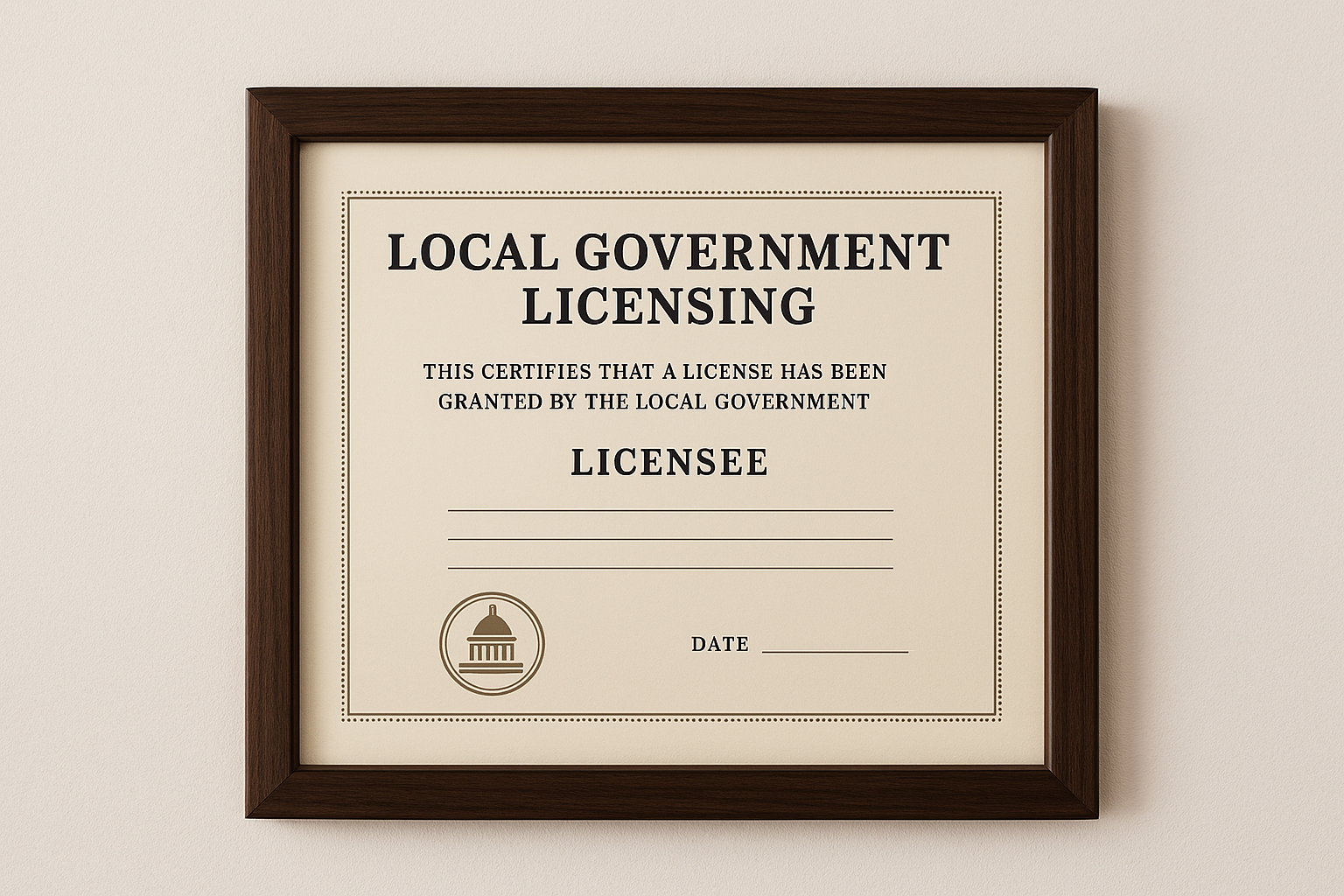 Image showing framed certificate of official local government lincensing.