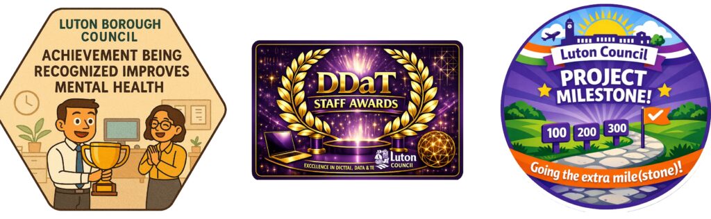 Images showing recognition badges for achievements, created as a DDaT task at our away day.