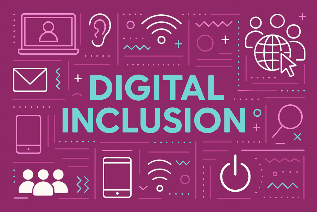 Image with a purple background showing the words 'digital inclusion' in the centre, surrounded by icons associated with digital inclusion.