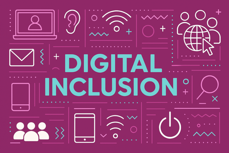 Image with a purple background showing the words 'digital inclusion' in the centre, surrounded by icons associated with digital inclusion.