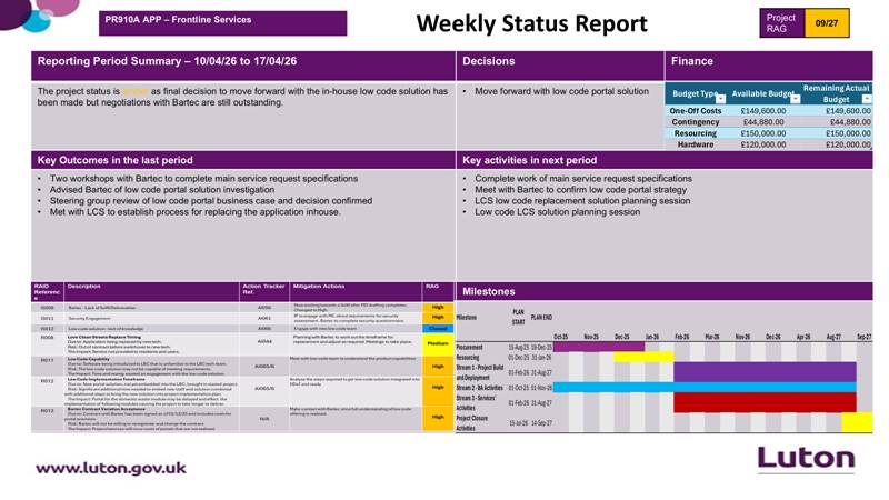 Image showing data from weekly status report for frontline services - summarised in text.