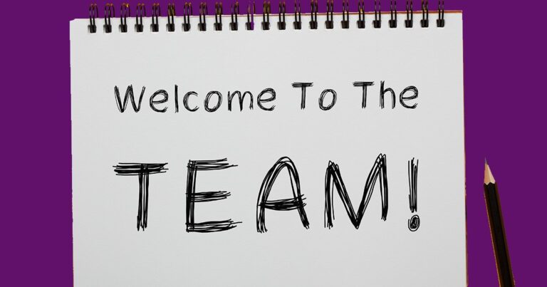 IMage with purple background and a notepage showing the words 'welcome to the team'.