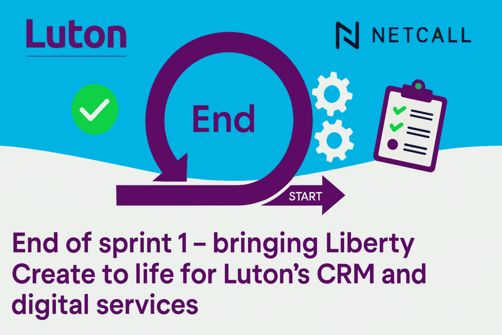 Image showing icons and imagery demonstrating the end of a sprint. Includes Luton Council and Liberty Create's Netcall logos, along with the words: end of sprint 1 - bringing Liberty Create to life for Luton's CRM and digital services.