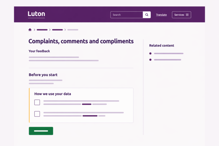 Stylised illustration of a Luton Council digital service page showing a form with headings, content sections and a consent checkbox panel.