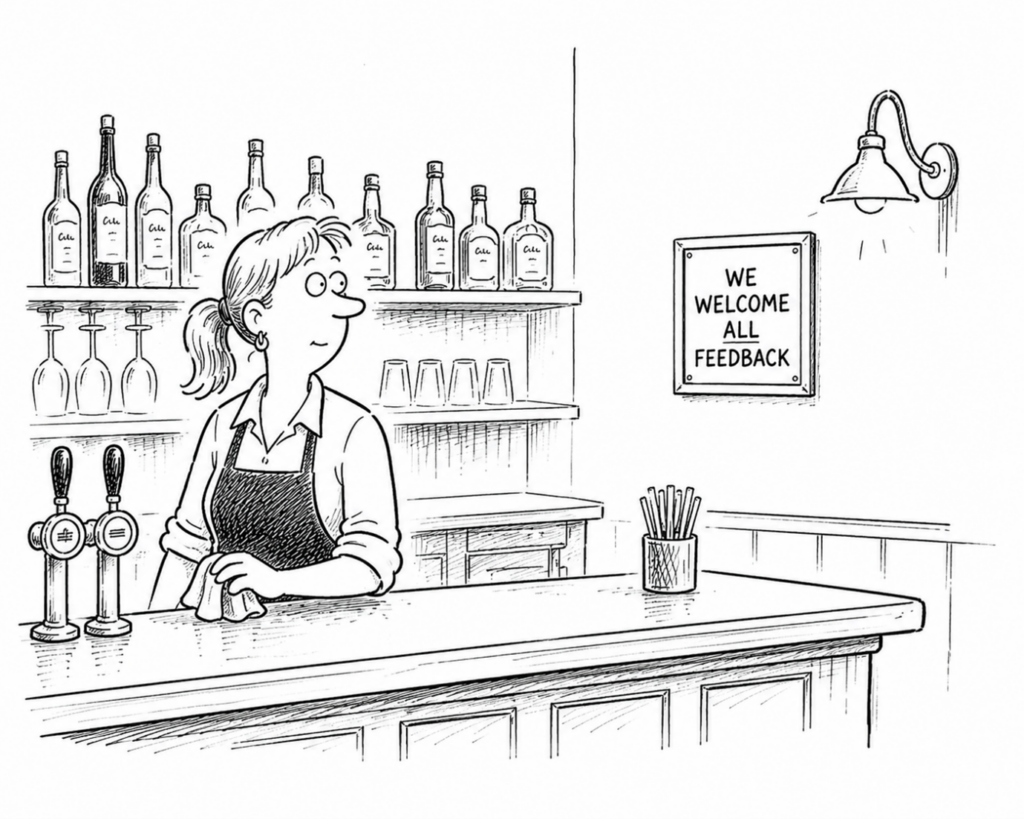 Cartoon image of a bar showing a sign that says that we welcome all feedback.