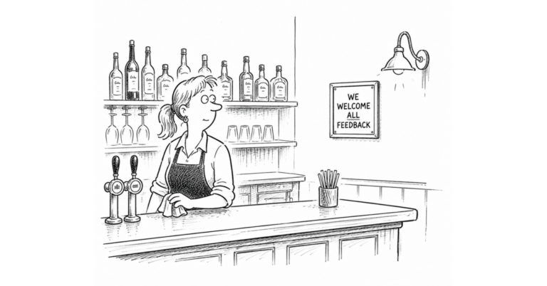 Cartoon iage of a bar showing a sign that says all feedback is welcome.