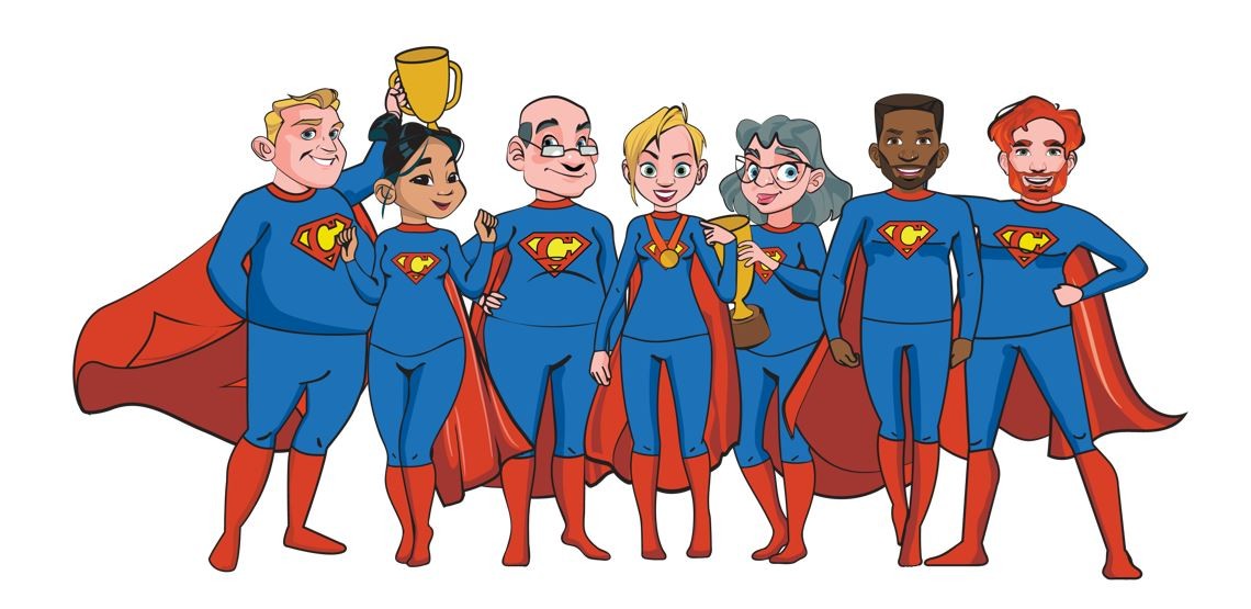 Cartoon image showing a group of digital champions dressed as superheroes.