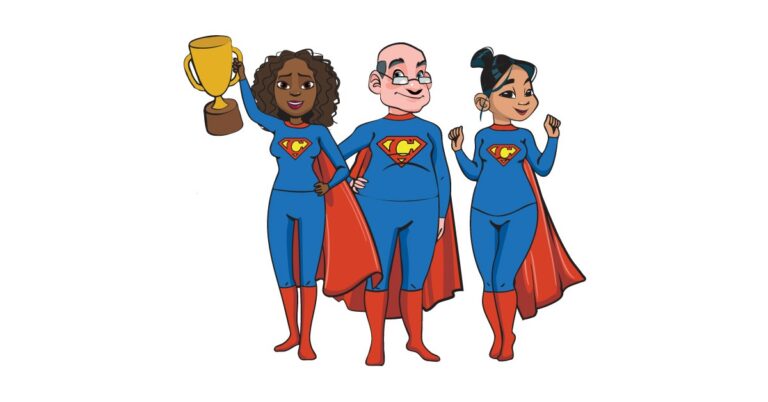 Cartoon image of of digital champions dressed as superheroes