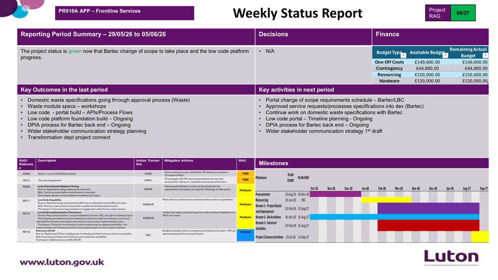 Image showing data from weekly status report for frontline services - summarised in text.