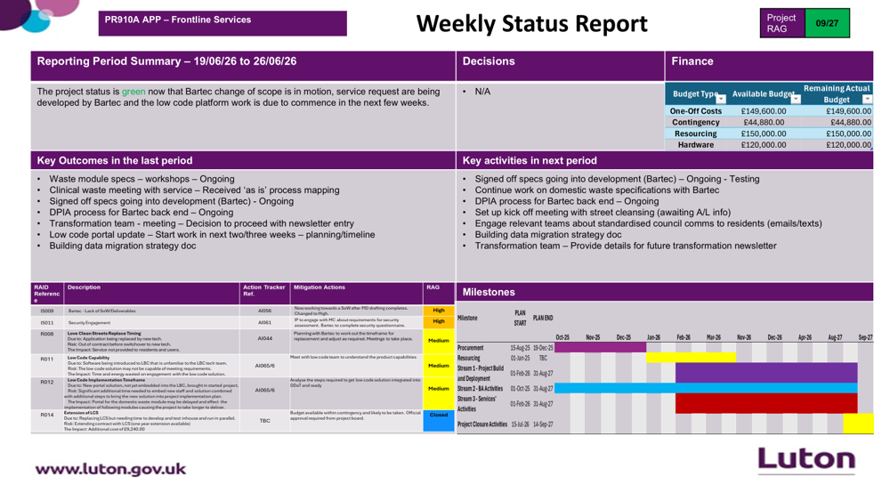 Image showing data from weekly status report for frontline services - summarised in text.