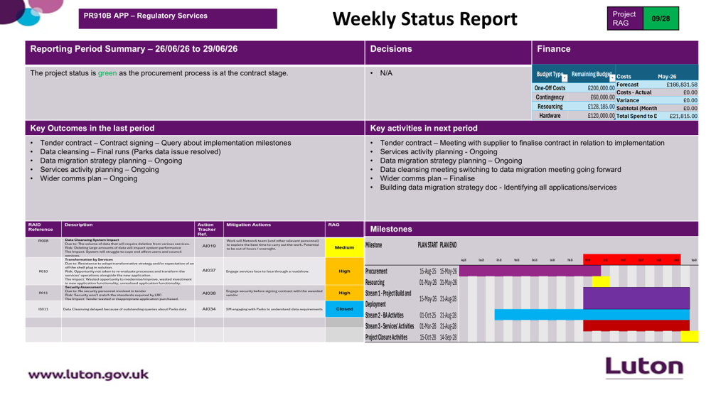 Image showing data from weekly status report for regulatory services - summarised in text.