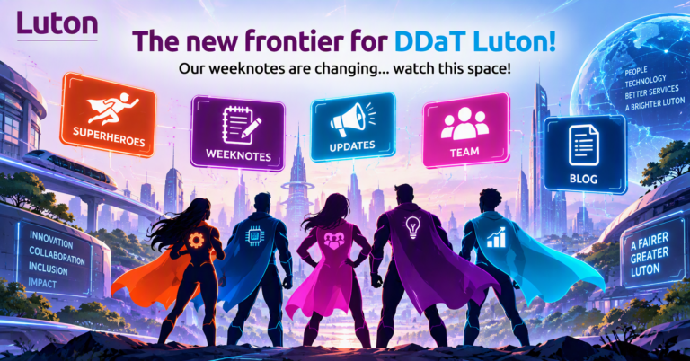 Image showing text, imagery and icons that represent a new frontier for DDaT Luton.
