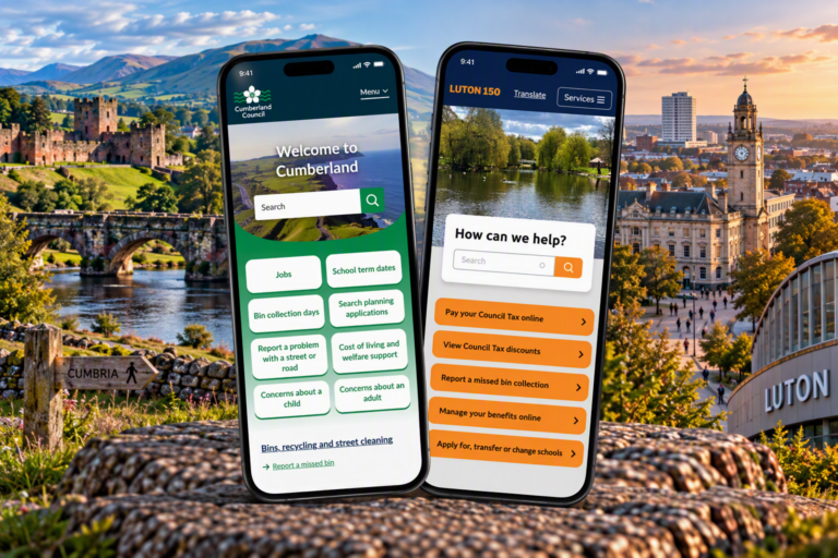Mobile views of the Cumberland Council and Luton Council websites displayed side by side against landscapes representing Cumberland and Luton.