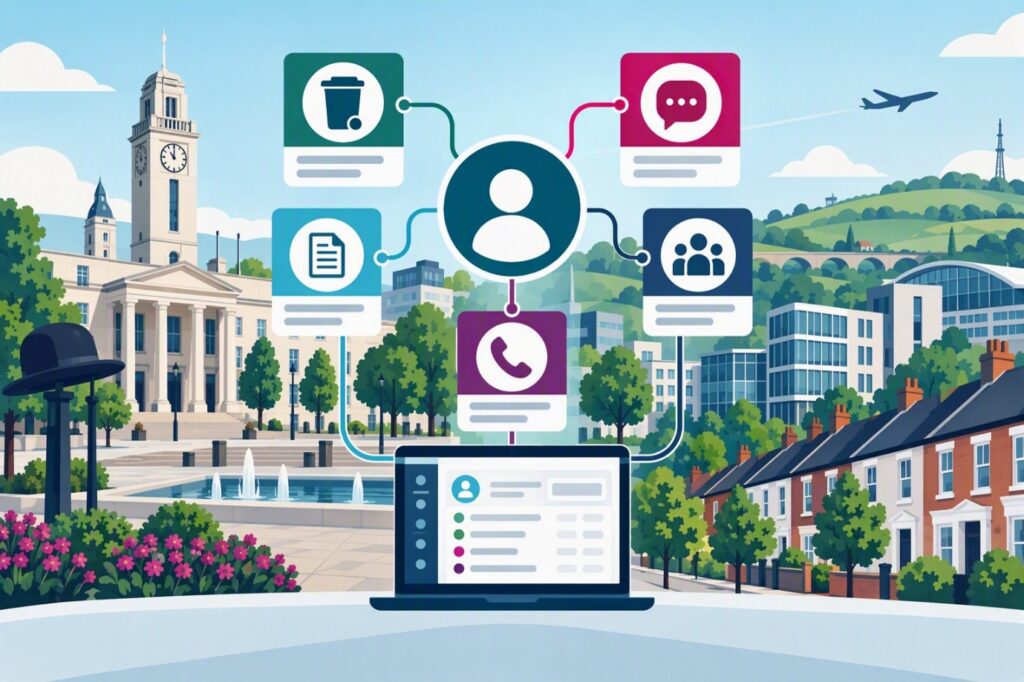 AI created image showing how our new digital platform works across services and connects all cases for a particular customer.