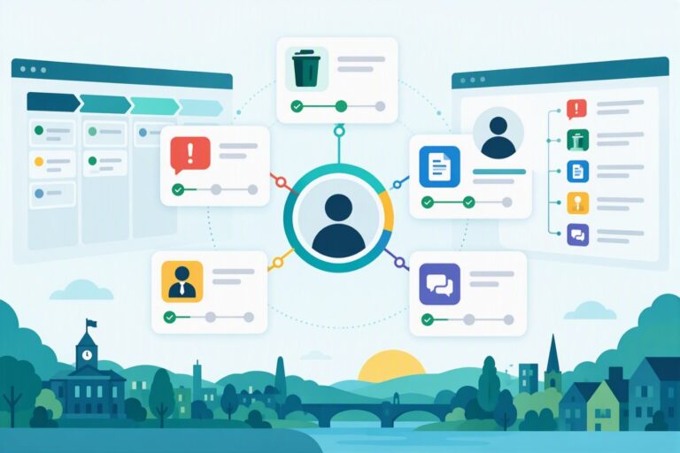 AI created image showing how our new digital platform works across services and connects all cases for a particular customer.