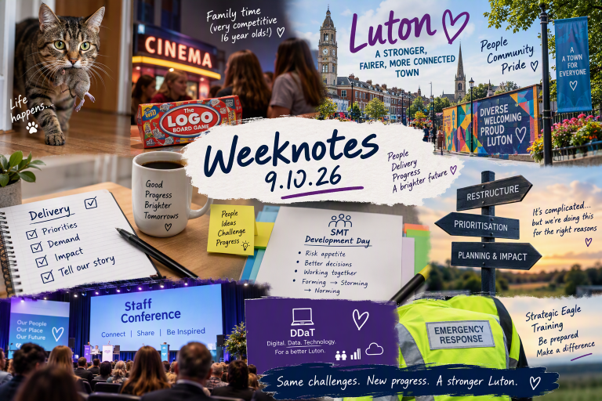 Image showing a central title - weeknotes, 9.10.26 - surrounded by images and icons that represent all the aspects Atika has included in her post: cats, cinema, staff conference,